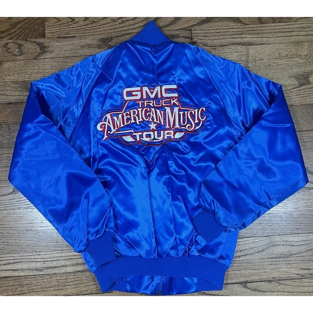 Vintage 1991 GMC Truck American Country Music Tour Blue Satin Embroidered Jacket